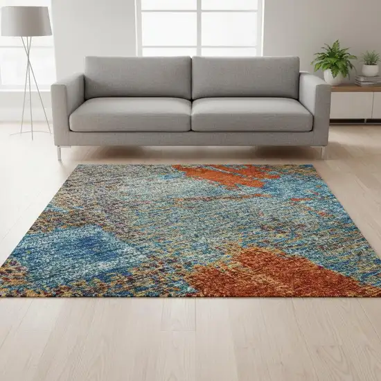 Navy Blue Orange And Teal Abstract Washable Area Rug With UV Protection Photo 2
