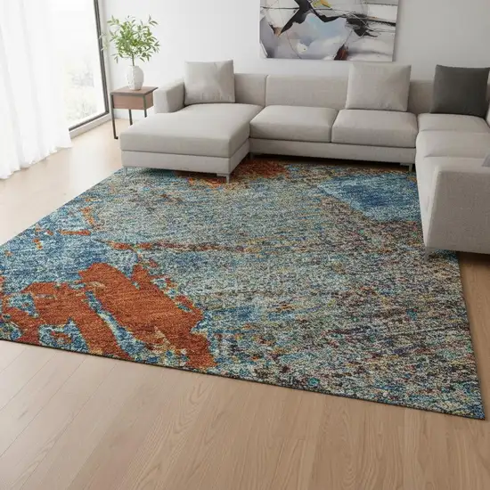 Navy Blue Orange And Teal Abstract Washable Area Rug With UV Protection Photo 2