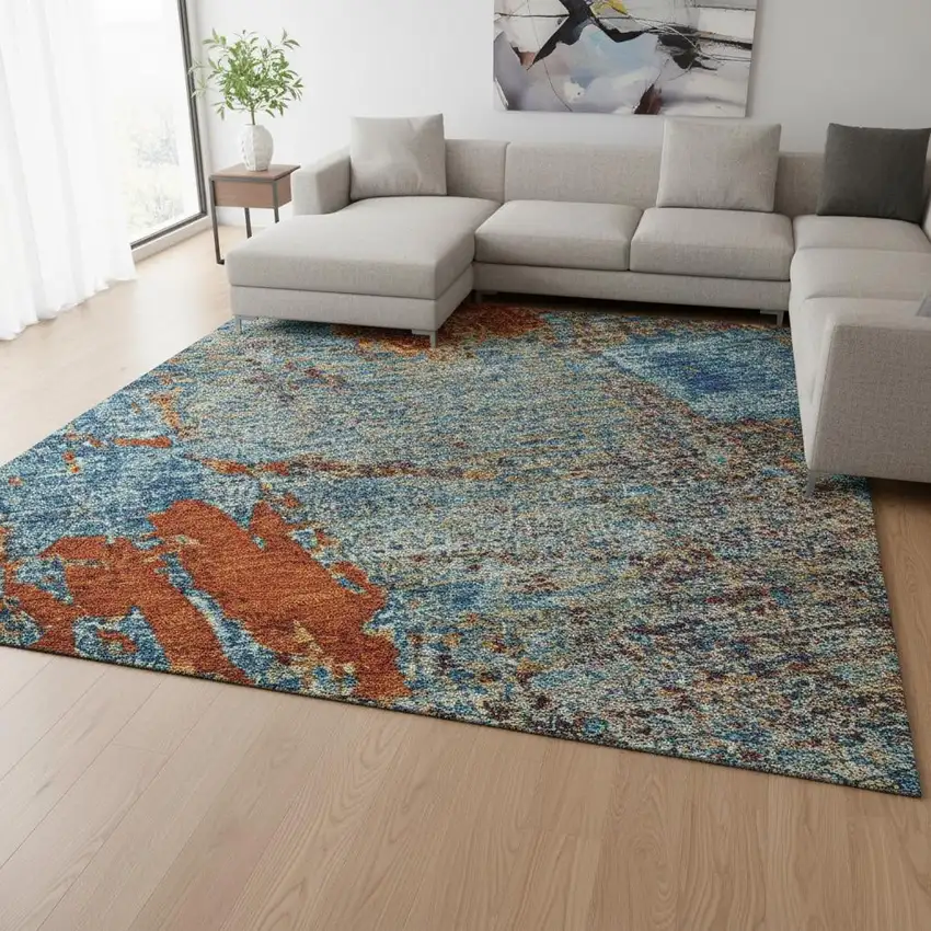 Navy Blue Orange And Teal Abstract Washable Area Rug With UV Protection Photo 2