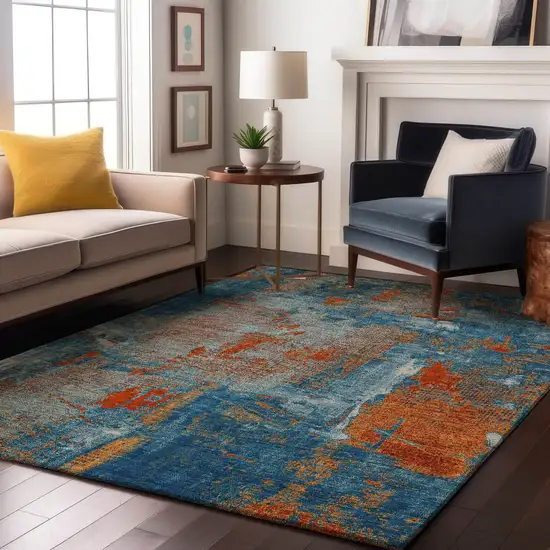 Navy Blue Orange And Teal Abstract Washable Area Rug With UV Protection Photo 4