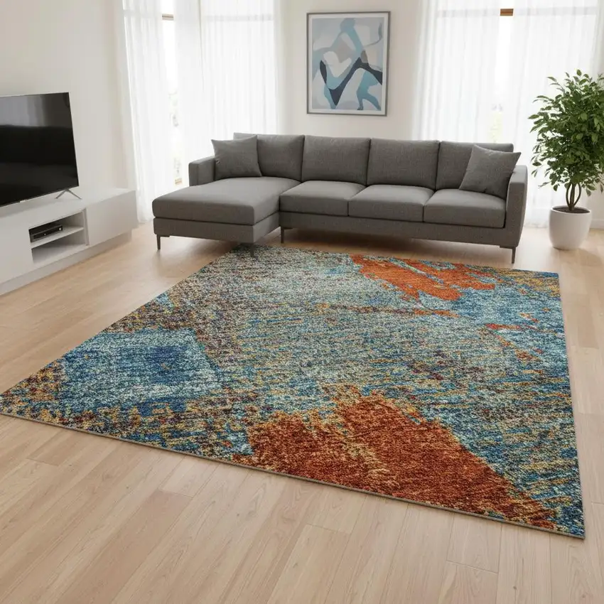 Navy Blue Orange And Teal Abstract Washable Area Rug With UV Protection Photo 2