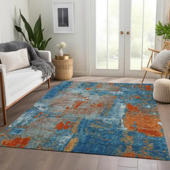 Navy Blue Orange And Teal Abstract Washable Area Rug With UV Protection Photo 5