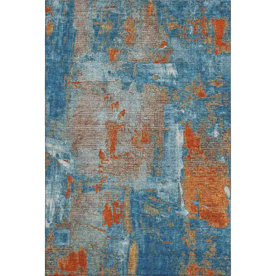 Navy Blue Orange And Teal Abstract Washable Area Rug With UV Protection Photo 6