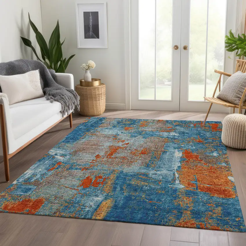 Navy Blue Orange And Teal Abstract Washable Area Rug With UV Protection Photo 5