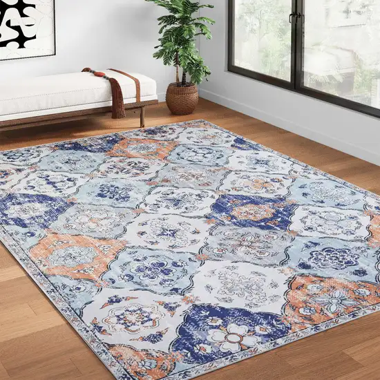 Navy Blue Orange And White Patchwork Distressed Washable Area Rug Photo 6