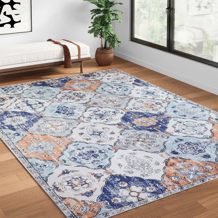 Navy Blue Orange And White Patchwork Distressed Washable Area Rug Photo 6