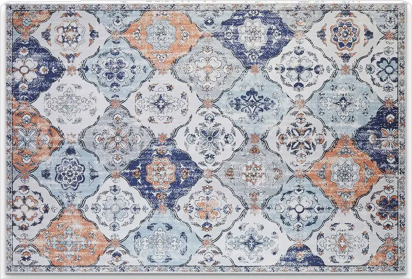 Navy Blue Orange And White Patchwork Distressed Washable Area Rug Photo 2