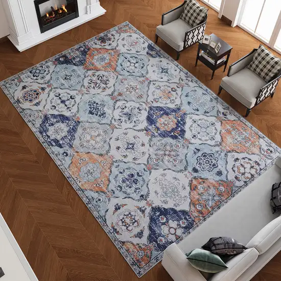Navy Blue Orange And White Patchwork Distressed Washable Area Rug Photo 3