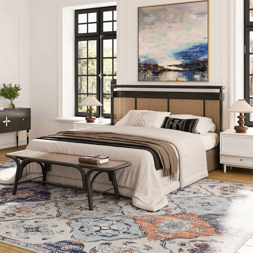 Navy Blue Orange And White Patchwork Distressed Washable Area Rug Photo 5