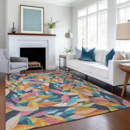 Navy Blue Orange And Yellow Floral Washable Indoor Outdoor Area Rug Photo 6