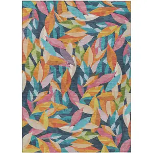 Photo of Navy Blue Orange And Yellow Floral Washable Indoor Outdoor Area Rug