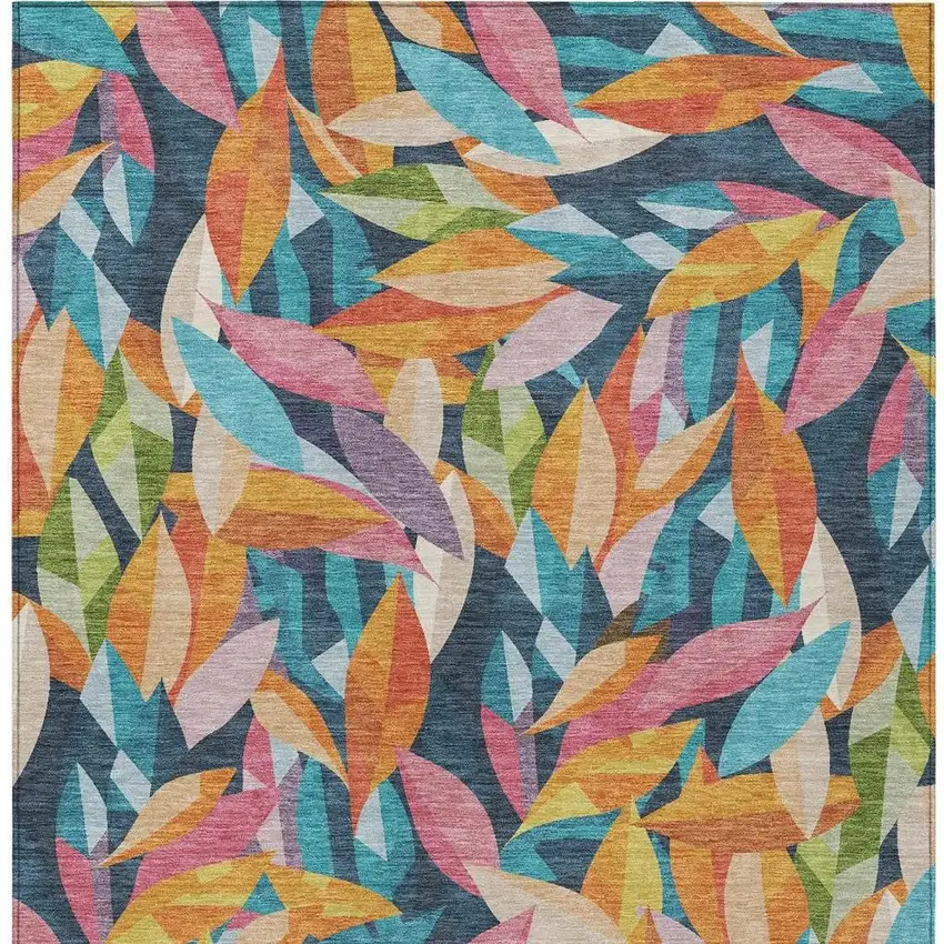 Navy Blue Orange And Yellow Floral Washable Indoor Outdoor Area Rug Photo 3