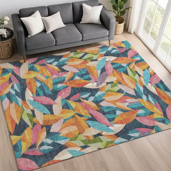 Navy Blue Orange And Yellow Floral Washable Indoor Outdoor Area Rug Photo 5