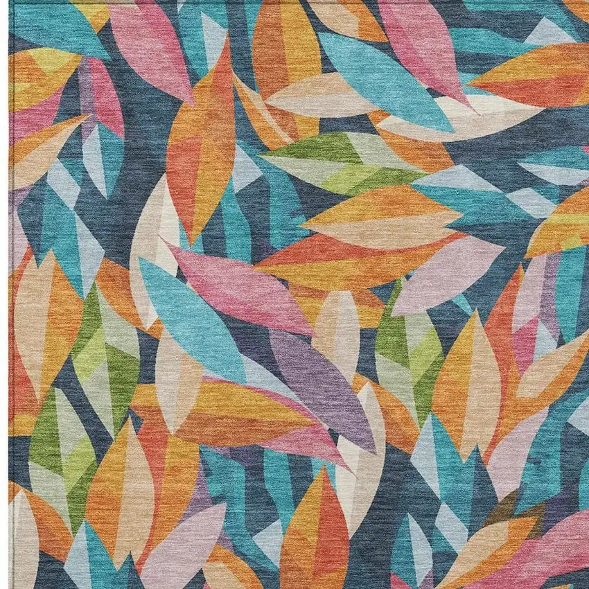 Navy Blue Orange And Yellow Floral Washable Indoor Outdoor Area Rug Photo 2