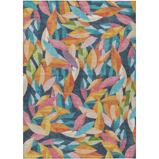 Navy Blue Orange And Yellow Floral Washable Indoor Outdoor Area Rug Photo 1