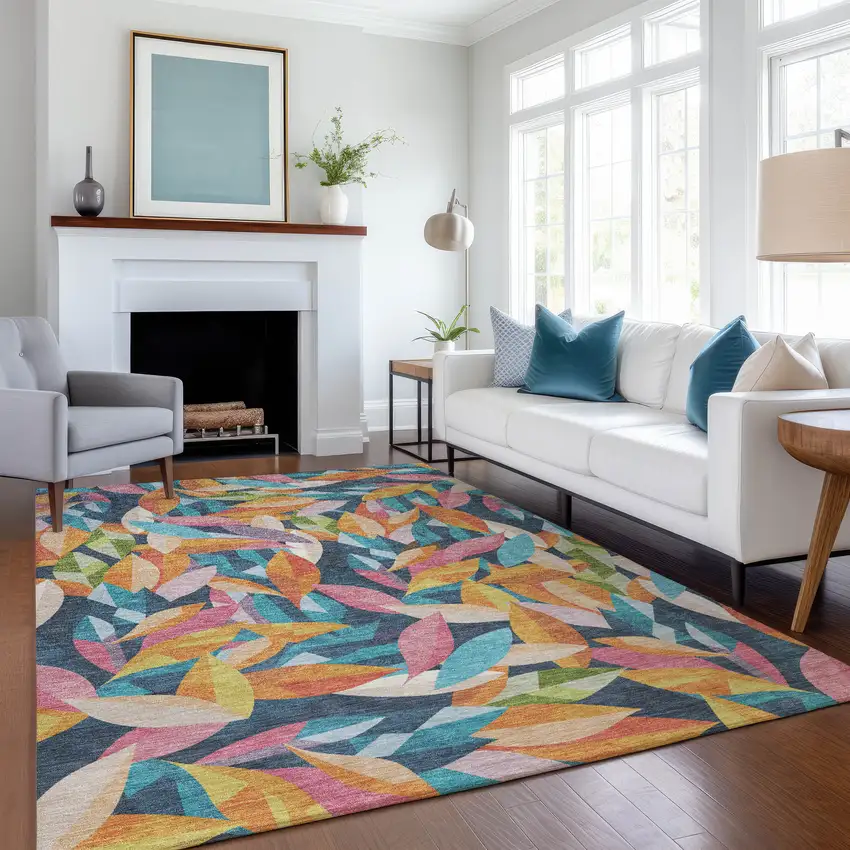 Navy Blue Orange And Yellow Floral Washable Indoor Outdoor Area Rug Photo 6