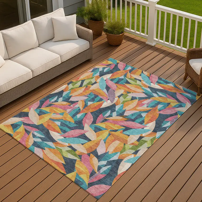 Navy Blue Orange And Yellow Floral Washable Indoor Outdoor Area Rug Photo 4