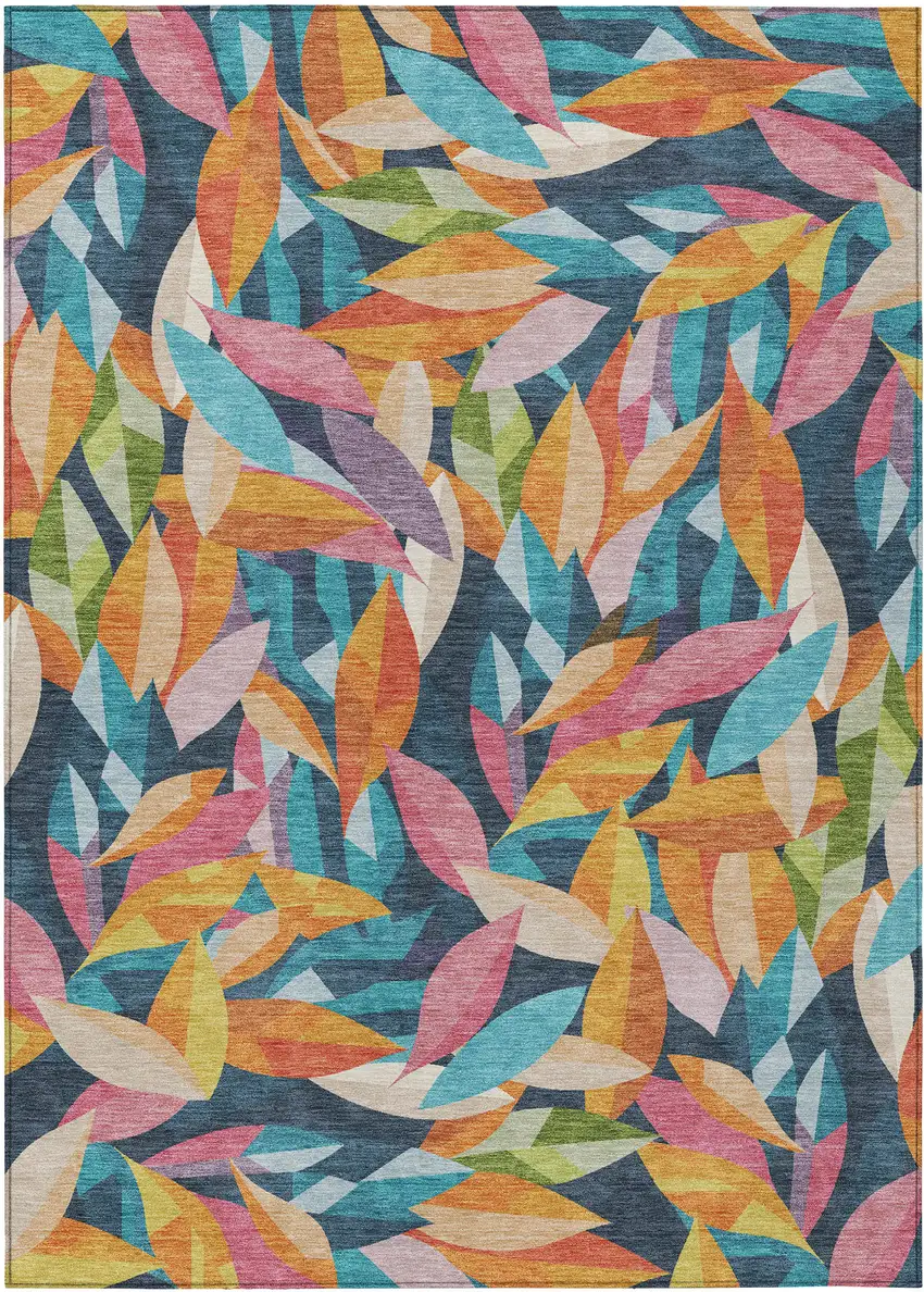 Navy Blue Orange And Yellow Floral Washable Indoor Outdoor Area Rug Photo 1