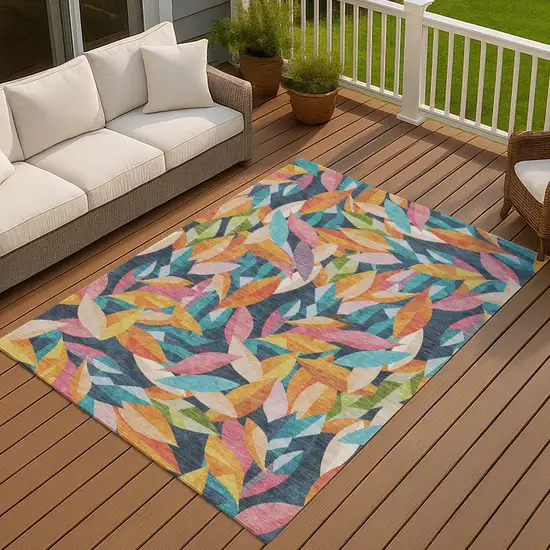 Navy Blue Orange And Yellow Floral Washable Indoor Outdoor Area Rug Photo 4