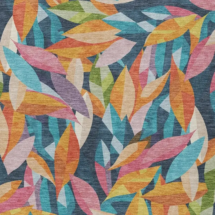 Navy Blue Orange And Yellow Floral Washable Indoor Outdoor Area Rug Photo 2