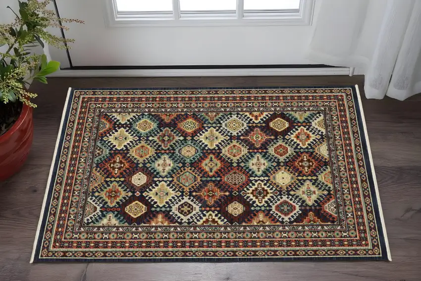 Navy Blue Oriental Area Rug With Fringe Photo 1