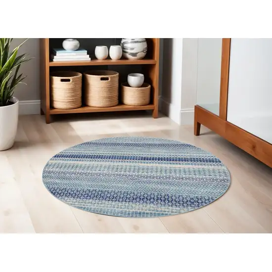 5' Navy Blue And Ivory Southwestern Round Rug Photo 1