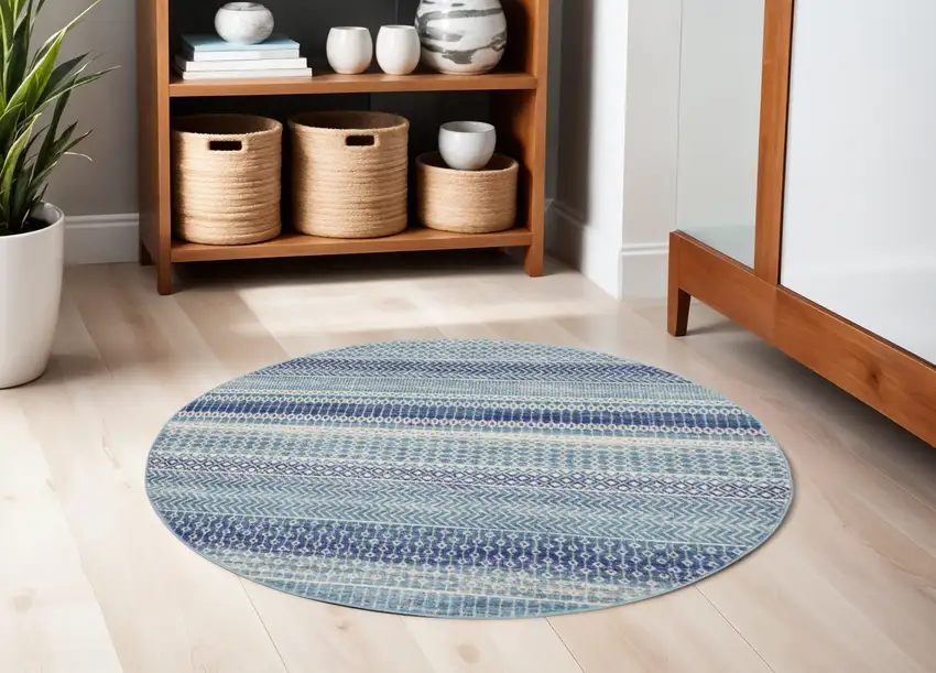5' Navy Blue And Ivory Southwestern Round Rug Photo 1
