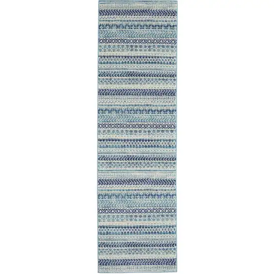 8' Navy Blue And Ivory Southwestern Runner Rug Photo 2