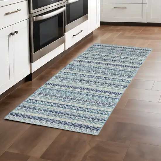 8' Navy Blue And Ivory Southwestern Runner Rug Photo 1