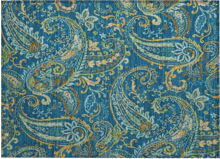 Navy Blue Paisley Washable Non Skid Indoor Outdoor Area Rug Photo 2