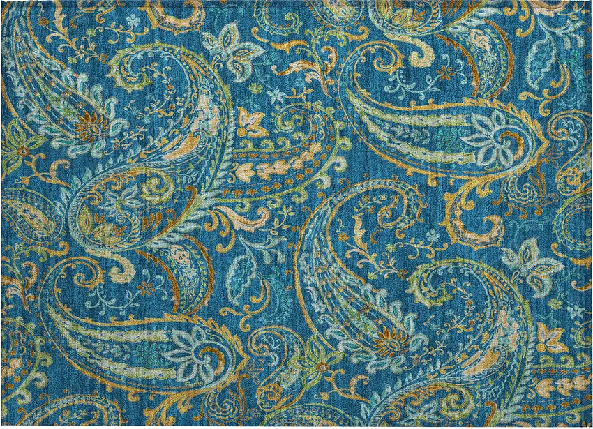 Navy Blue Paisley Washable Non Skid Indoor Outdoor Area Rug Photo 2
