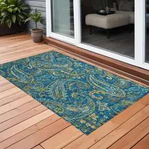 Photo of Navy Blue Paisley Washable Non Skid Indoor Outdoor Area Rug