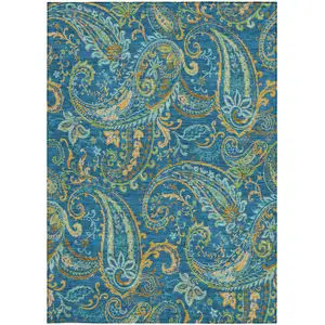 Photo of Navy Blue Paisley Washable Non Skid Indoor Outdoor Area Rug