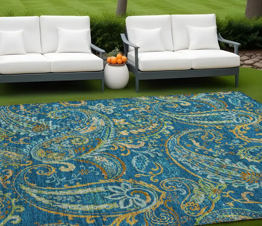 Navy Blue Paisley Washable Non Skid Indoor Outdoor Area Rug Photo 1