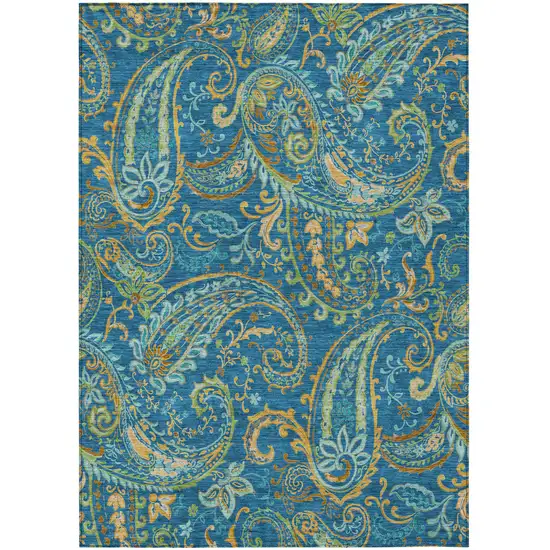 Navy Blue Paisley Washable Non Skid Indoor Outdoor Area Rug Photo 2
