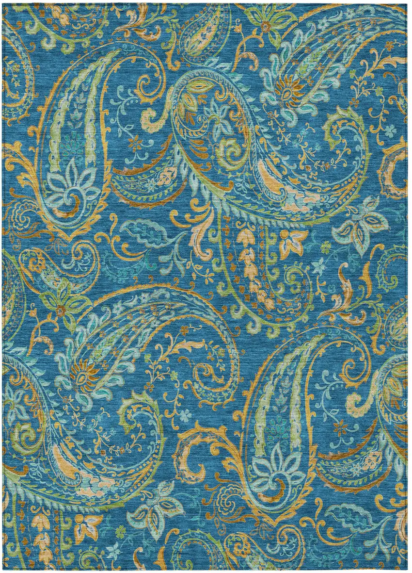 Navy Blue Paisley Washable Non Skid Indoor Outdoor Area Rug Photo 2