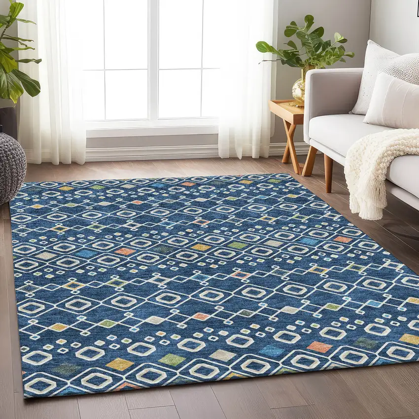 Navy Blue Peach And Gold Southwestern Washable Area Rug With UV Protection Photo 4