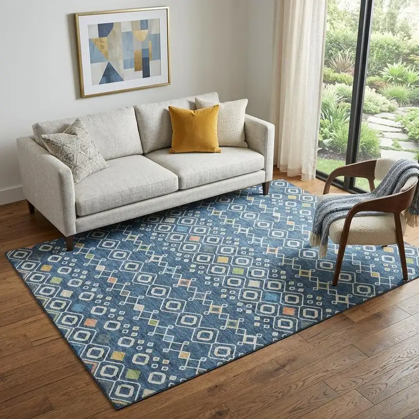 Navy Blue Peach And Gold Southwestern Washable Area Rug With UV Protection Photo 1