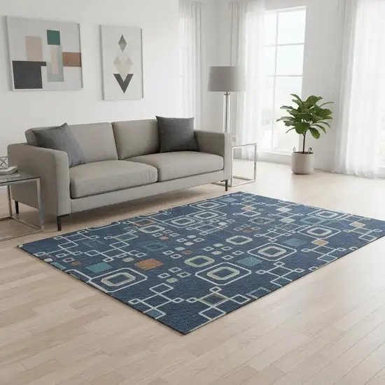 Navy Blue Peach And Gold Southwestern Washable Area Rug With UV Protection Photo 2