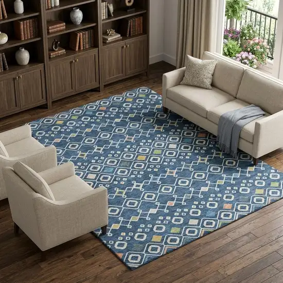 Navy Blue Peach And Gold Southwestern Washable Area Rug With UV Protection Photo 1