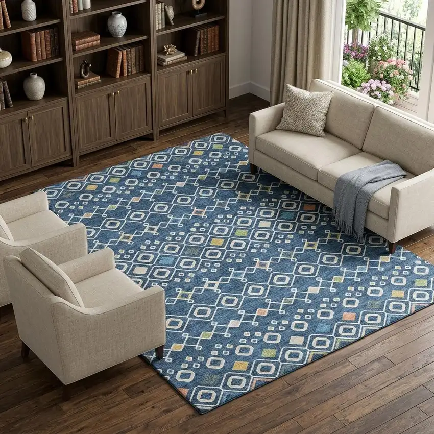 Navy Blue Peach And Gold Southwestern Washable Area Rug With UV Protection Photo 1