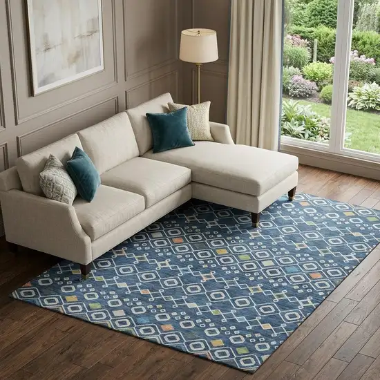 Navy Blue Peach And Gold Southwestern Washable Area Rug With UV Protection Photo 1