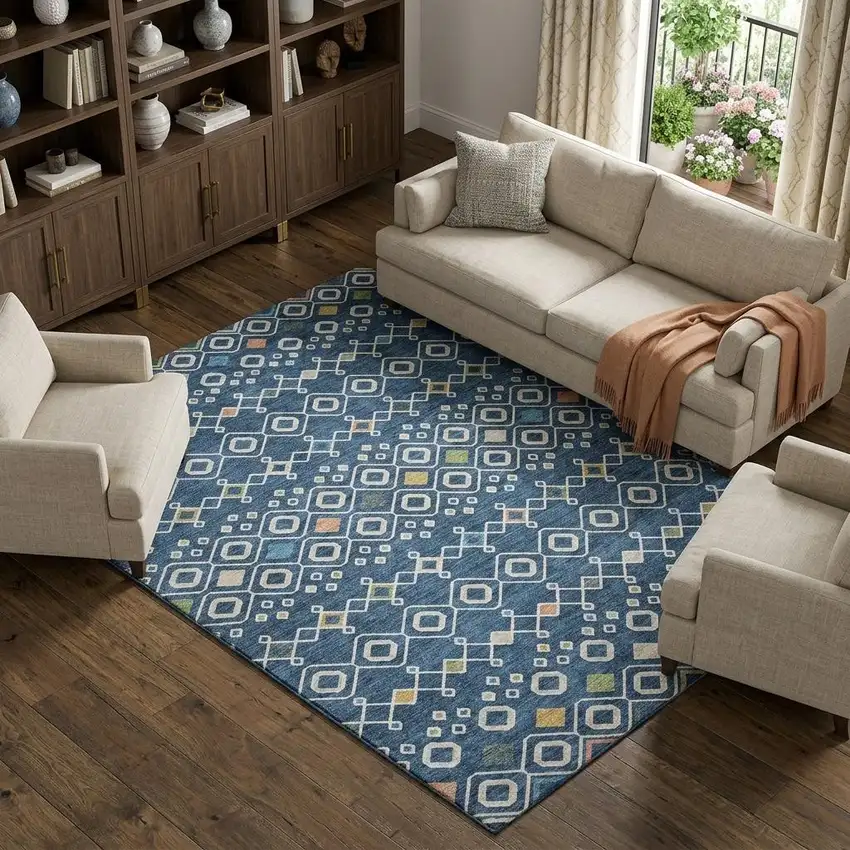 Navy Blue Peach And Gold Southwestern Washable Area Rug With UV Protection Photo 1