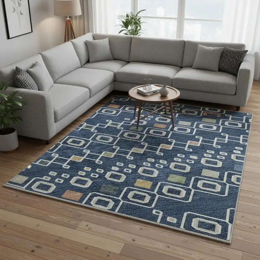 Navy Blue Peach And Gold Southwestern Washable Area Rug With UV Protection Photo 2