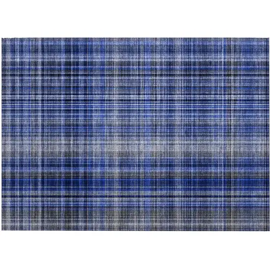 Navy Blue Plaid Washable Non Skid Indoor Outdoor Area Rug Photo 2