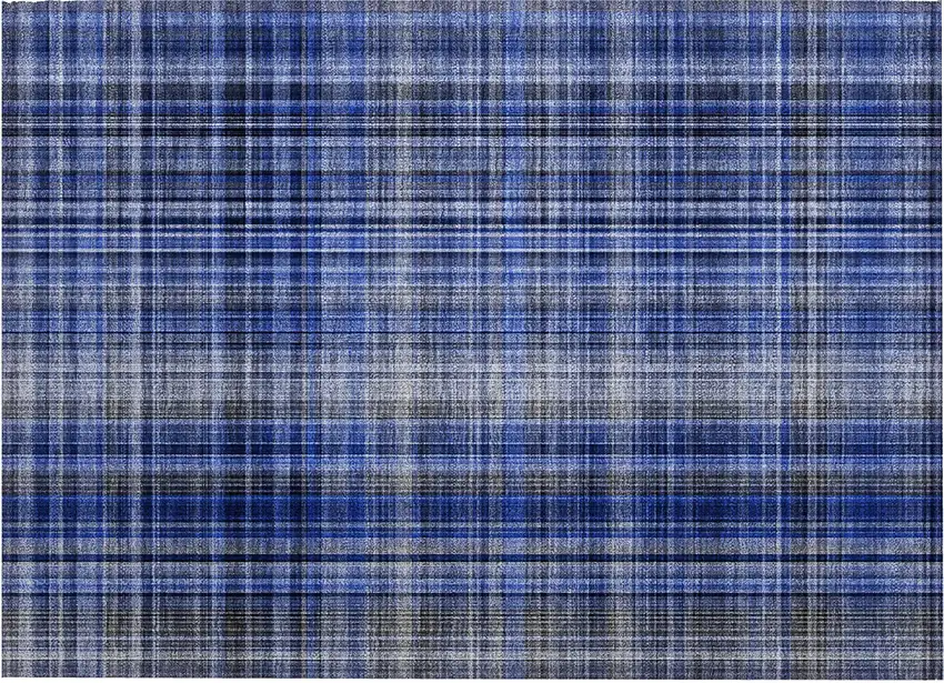 Navy Blue Plaid Washable Non Skid Indoor Outdoor Area Rug Photo 2