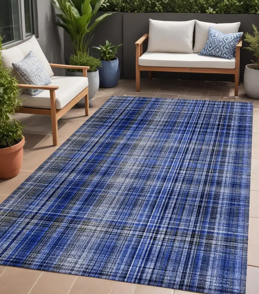 Navy Blue Plaid Washable Non Skid Indoor Outdoor Area Rug Photo 1