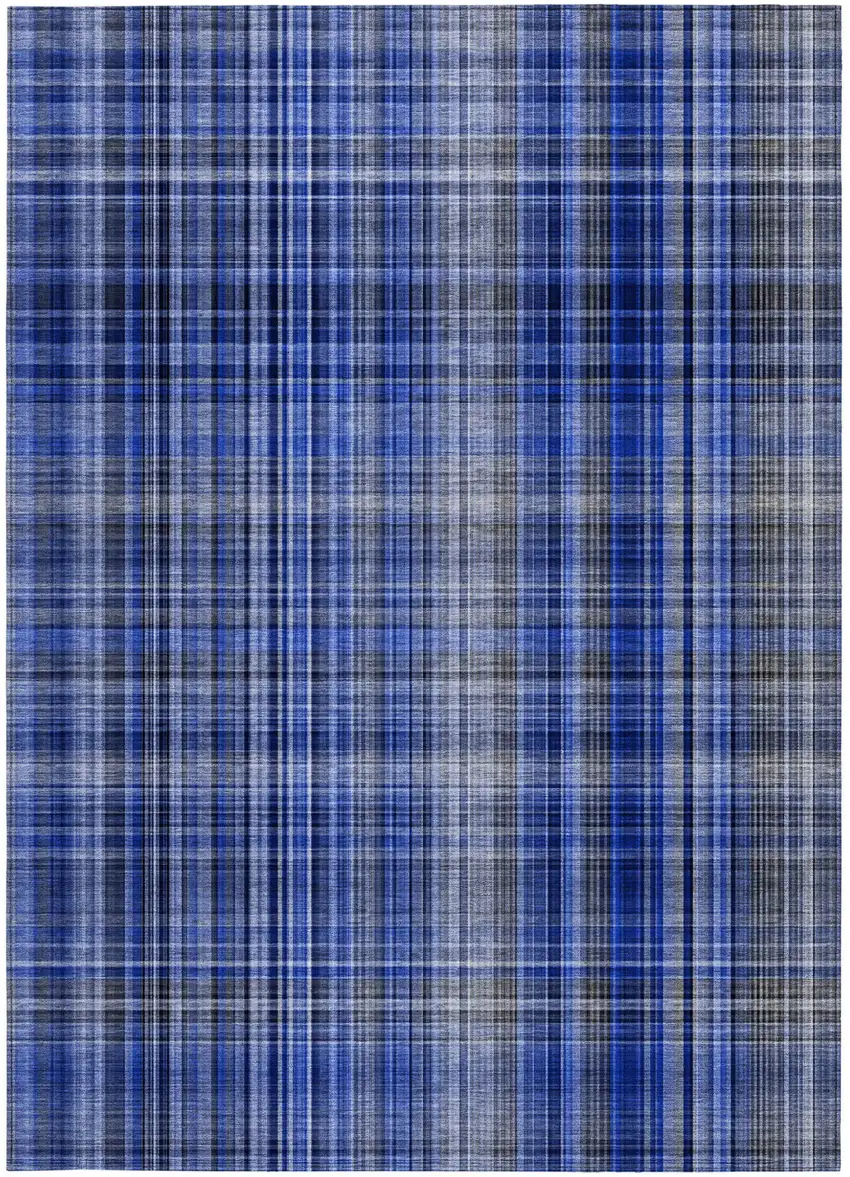 Navy Blue Plaid Washable Non Skid Indoor Outdoor Area Rug Photo 4