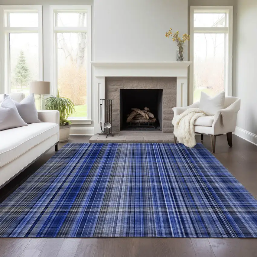 Navy Blue Plaid Washable Non Skid Indoor Outdoor Area Rug Photo 9