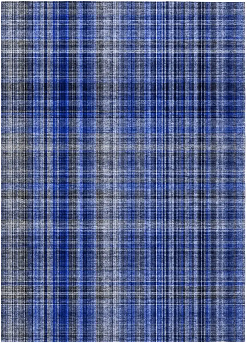 Navy Blue Plaid Washable Non Skid Indoor Outdoor Area Rug Photo 2